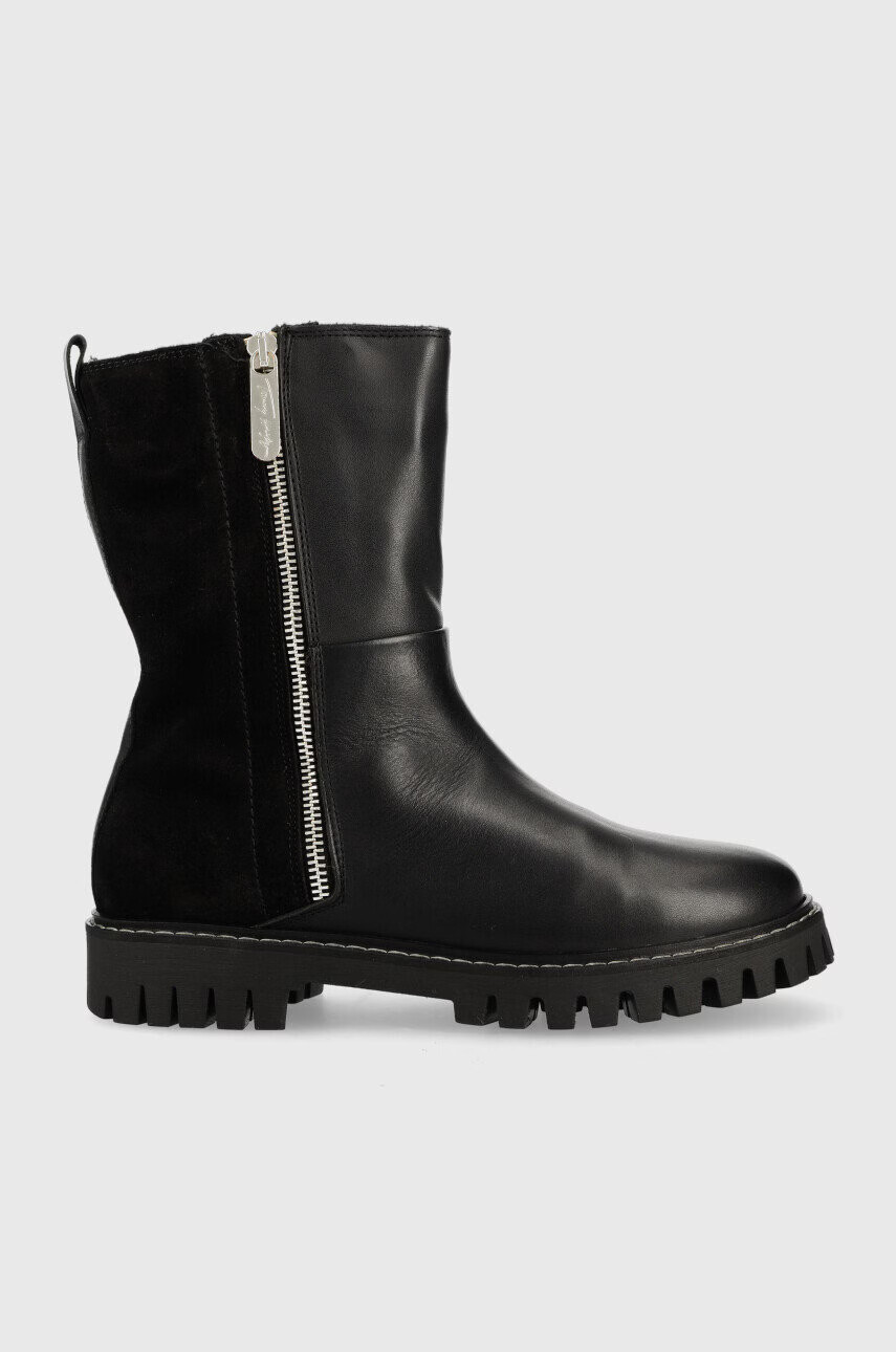 Tommy Hilfiger Кожени боти Warm Lining Boot в черно с равна подметка с изолация - Pepit.bg