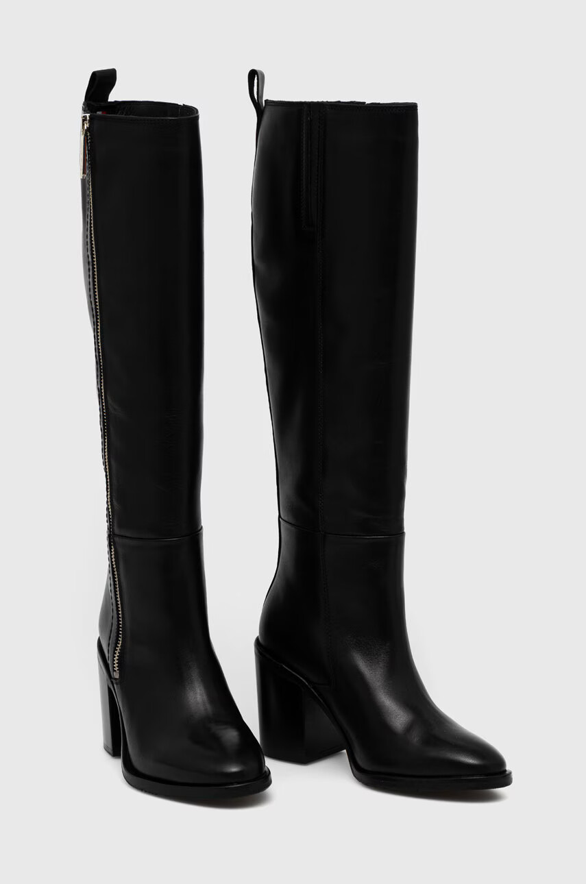 Tommy Hilfiger Кожени ботуши Zip High Heel Longboot в черно с висок ток - Pepit.bg
