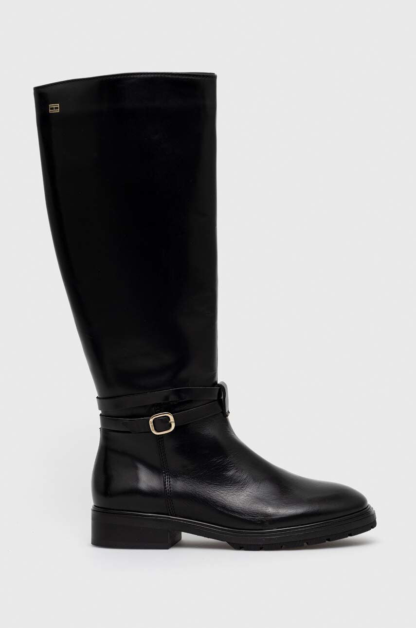 Tommy Hilfiger Кожени ботуши Leather Belt Longboot в черно с платформа - Pepit.bg