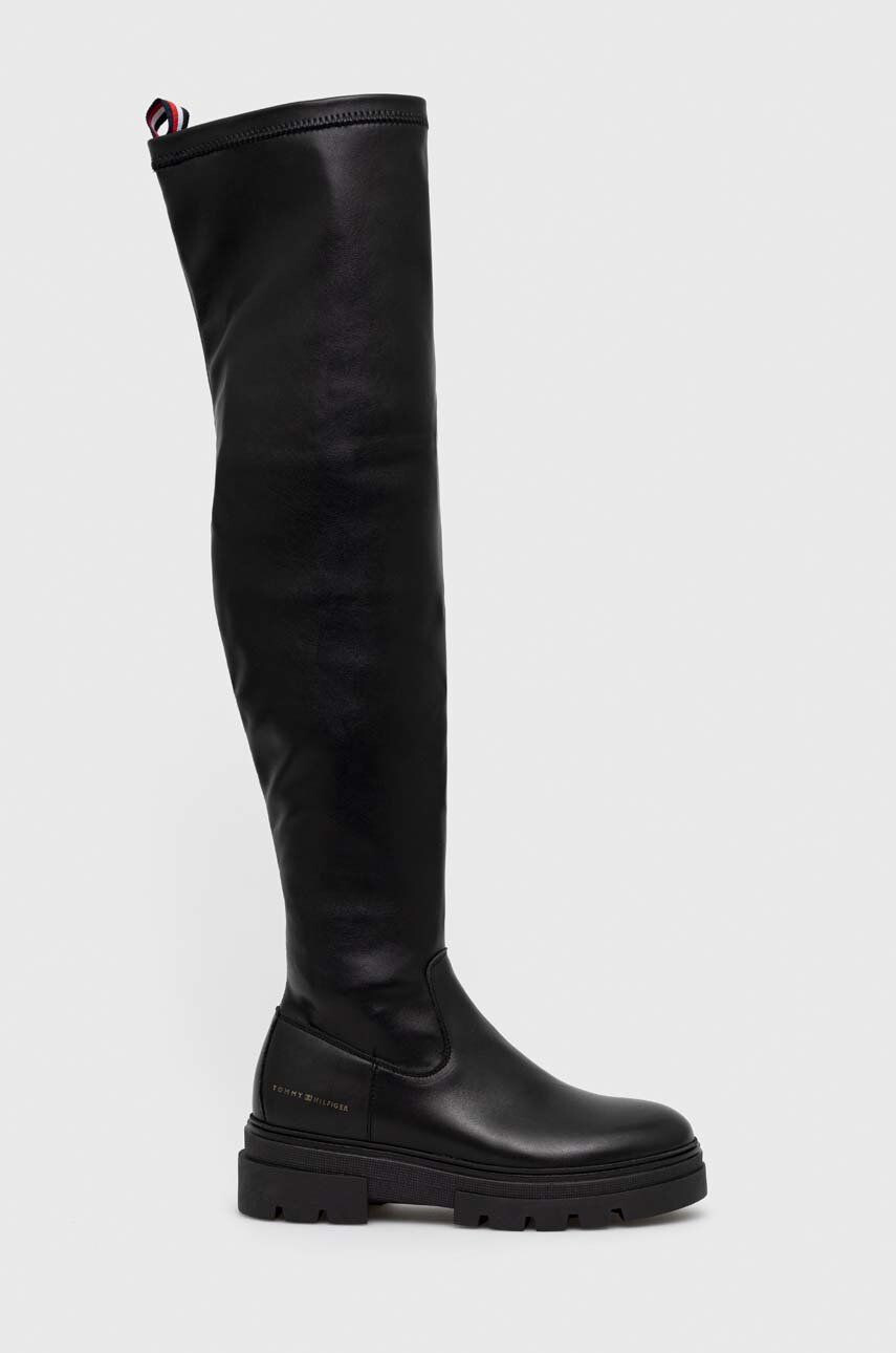 Tommy Hilfiger Кожени ботуши Monochromatic Over The Knee Boot в черно с платформа - Pepit.bg