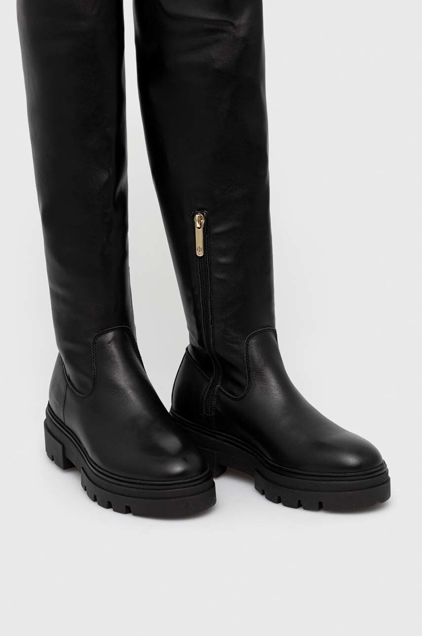 Tommy Hilfiger Кожени ботуши Monochromatic Over The Knee Boot в черно с платформа - Pepit.bg