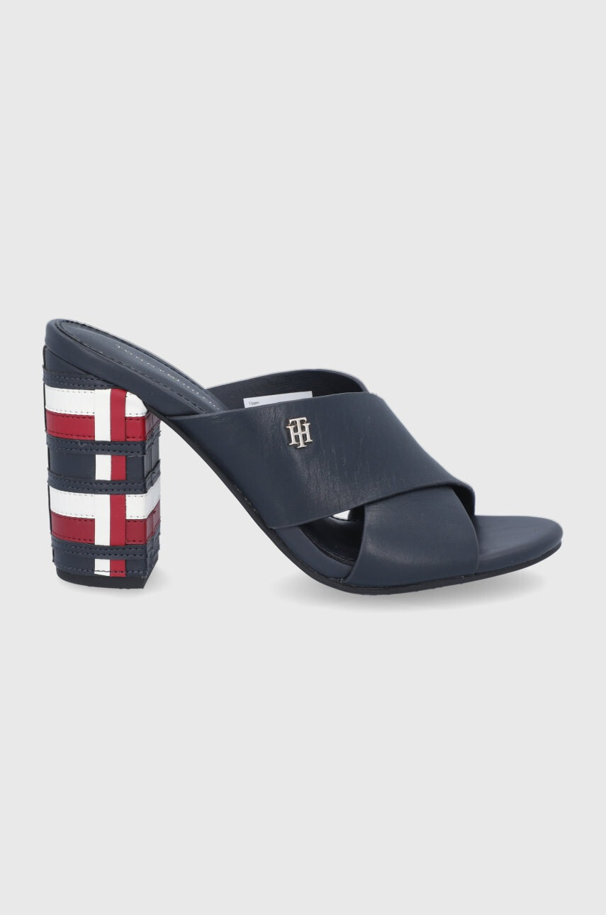 Tommy Hilfiger Кожени чехли дамски в тъмносиньо с висок ток - Pepit.bg