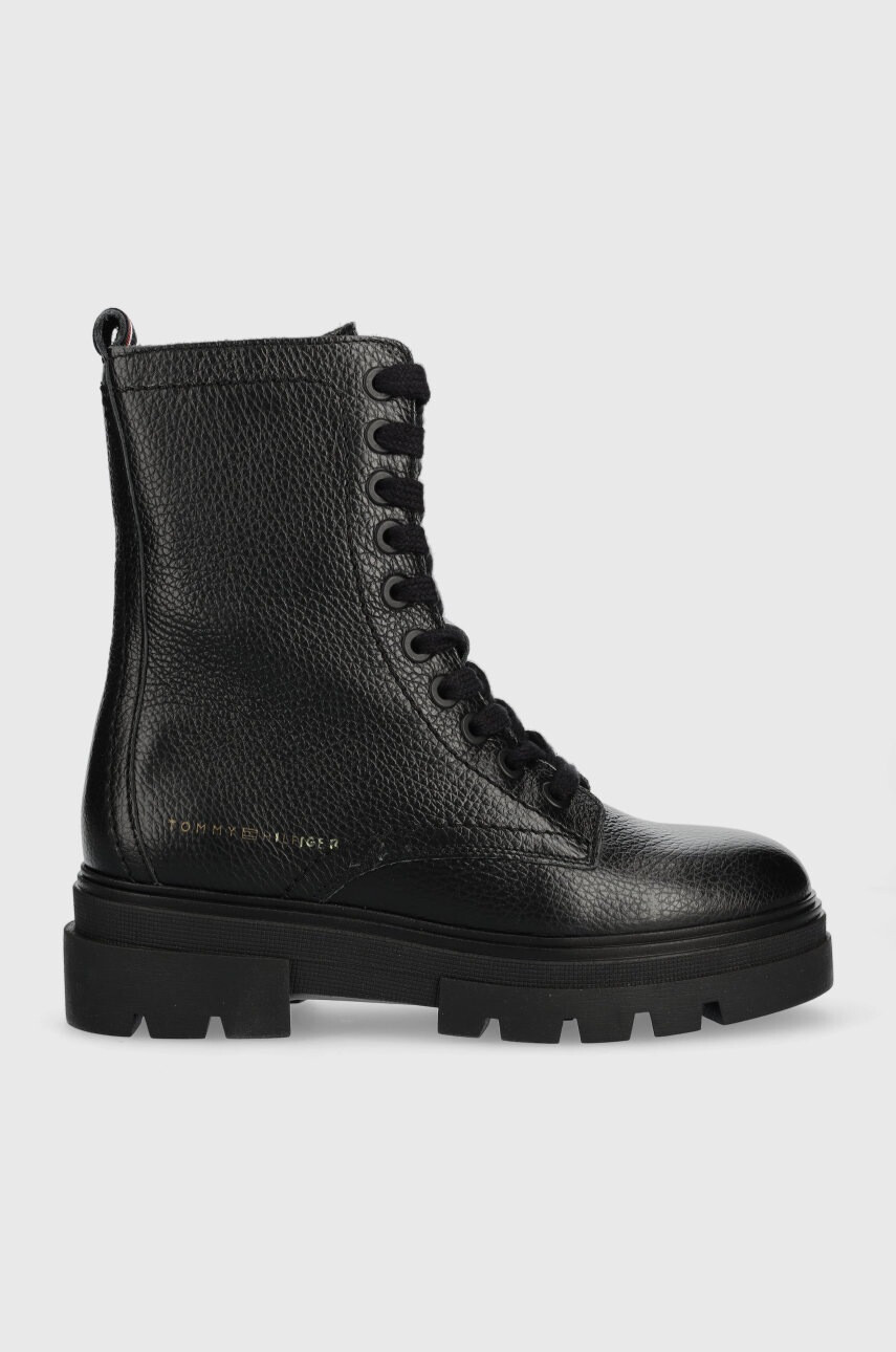 Tommy Hilfiger Кожени кубинки Monochromatic Lace Up Boot в черно с равна подметка - Pepit.bg