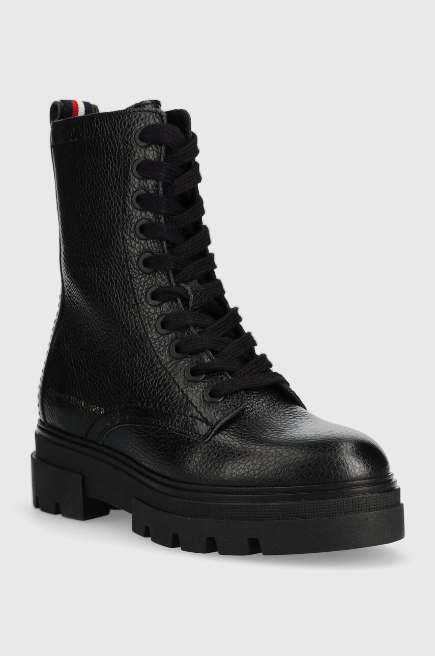 Tommy Hilfiger Кожени кубинки Monochromatic Lace Up Boot в черно с равна подметка - Pepit.bg