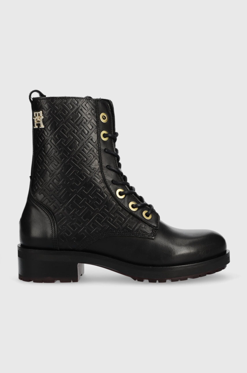 Tommy Hilfiger Кожени кубинки Th Monogram Biker Boot в черно с равна подметка - Pepit.bg