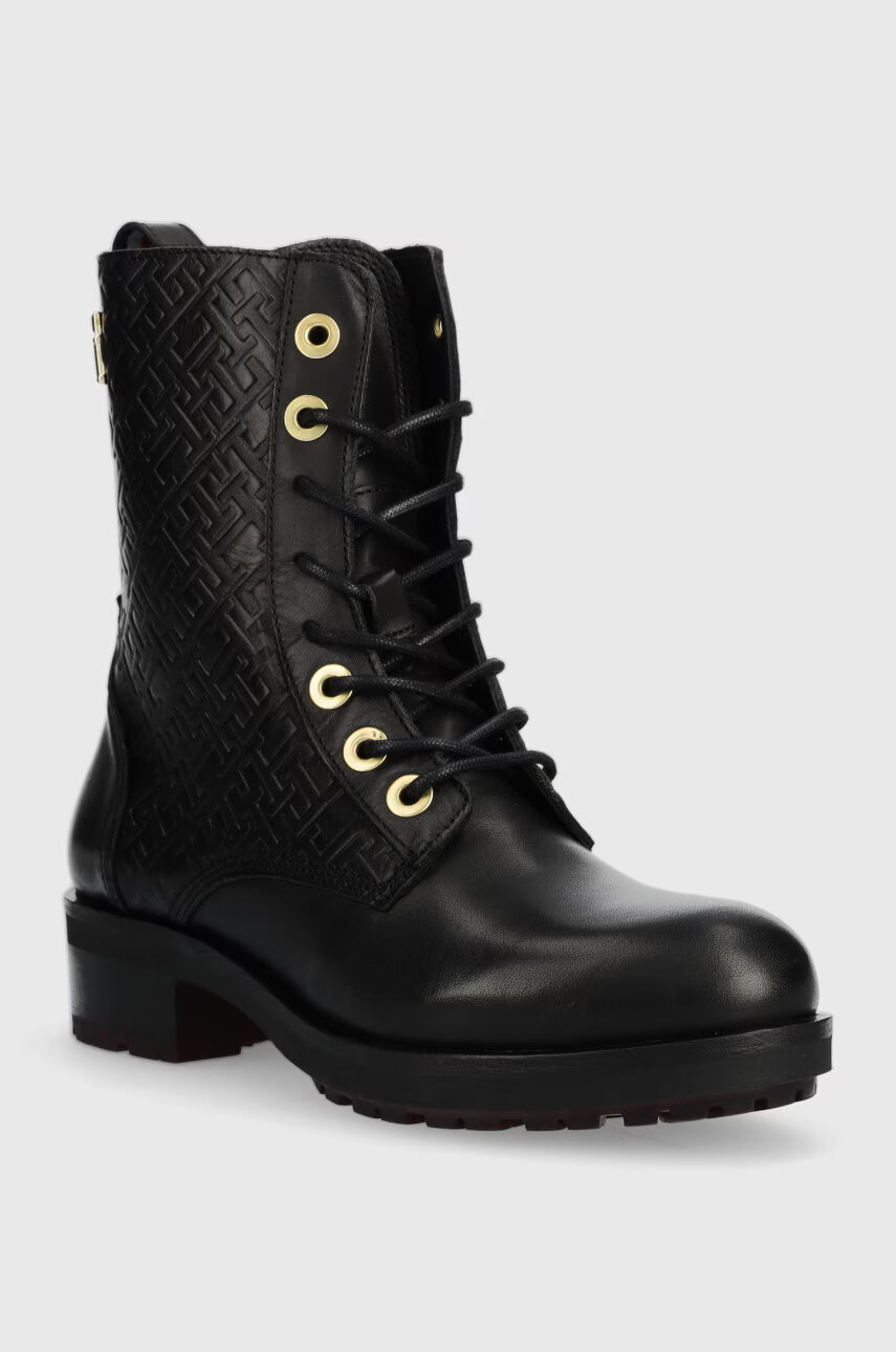 Tommy Hilfiger Кожени кубинки Th Monogram Biker Boot в черно с равна подметка - Pepit.bg
