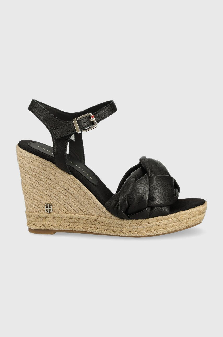 Tommy Hilfiger Кожени сандали Th Waves High Wedge в черно със скосена платформа - Pepit.bg