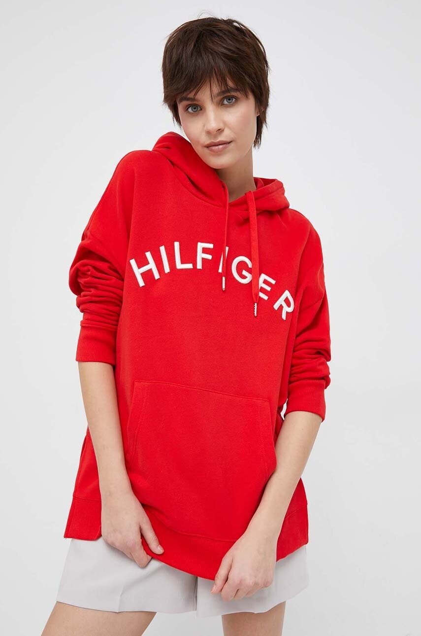 Tommy Hilfiger Памучен суичър в червено с качулка с апликация - Pepit.bg