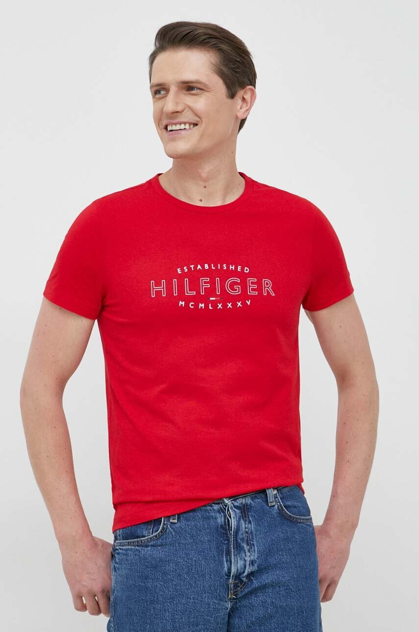 Tommy Hilfiger Памучна тениска в червено с принт - Pepit.bg