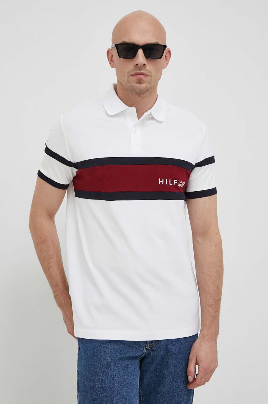 Tommy Hilfiger Памучна тениска с яка в бяло с десен - Pepit.bg
