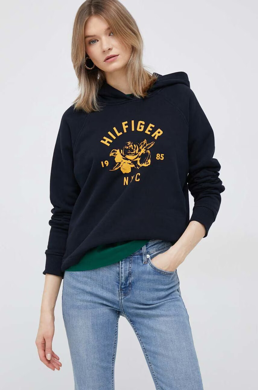 Tommy Hilfiger Суичър в тъмносиньо с качулка с принт - Pepit.bg