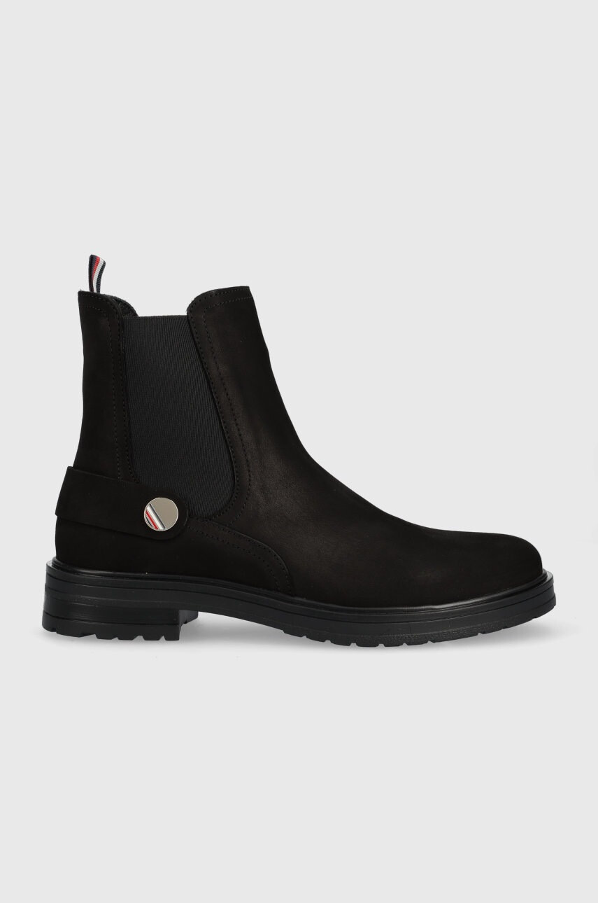 Tommy Hilfiger Велурени боти челси Th Coin Flat Boot в черно с равна подметка - Pepit.bg