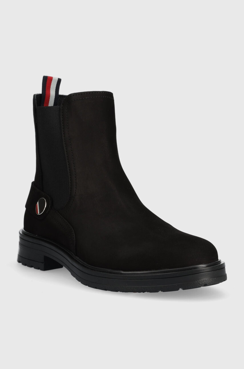 Tommy Hilfiger Велурени боти челси Th Coin Flat Boot в черно с равна подметка - Pepit.bg