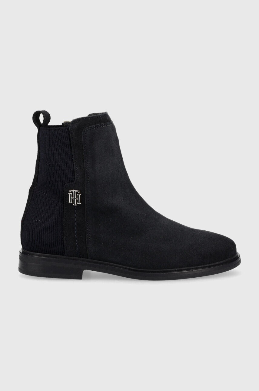 Tommy Hilfiger Велурени боти челси Th Essentials Flat Boot в тъмносиньо с равна подметка - Pepit.bg