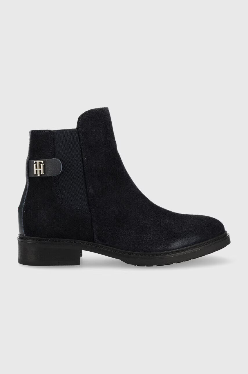 Tommy Hilfiger Велурени боти челси Th Suede Flat Boot в тъмносиньо с равна подметка - Pepit.bg