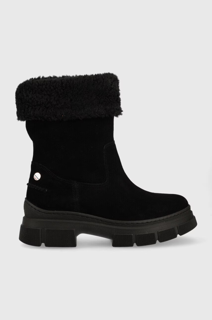 Tommy Hilfiger Велурени боти Warm Lining Suede Low Boot в черно с платформа с лека изолация - Pepit.bg