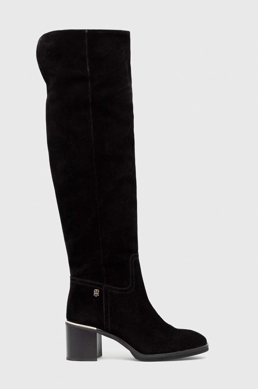 Tommy Hilfiger Велурени ботуши Th Belt Suede Overknee Boot в черно с висок ток - Pepit.bg