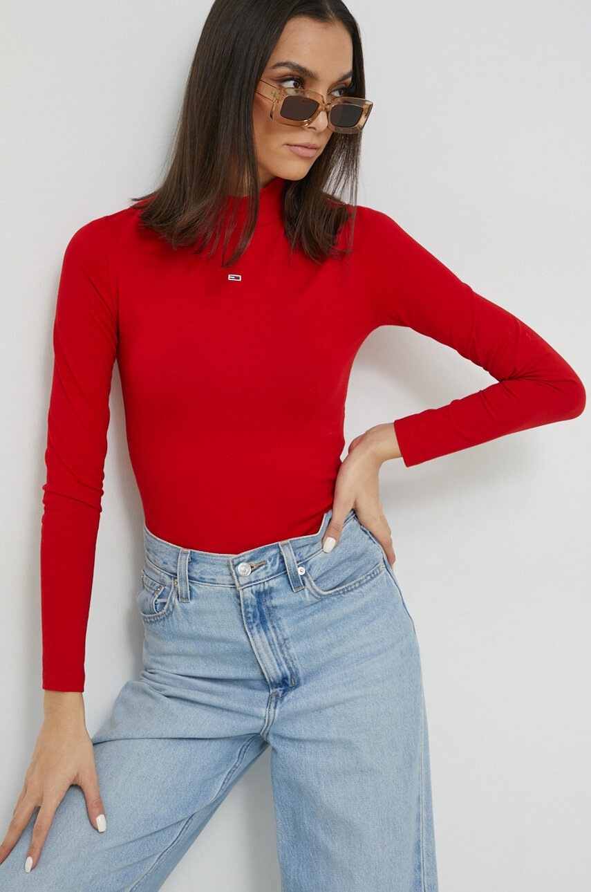 Tommy Jeans Боди дамско в червено с ниско поло - Pepit.bg