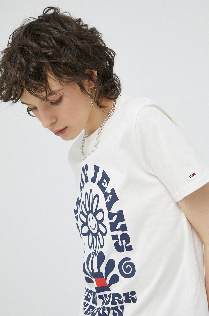 Tommy Jeans Памучна тениска в бежово - Pepit.bg