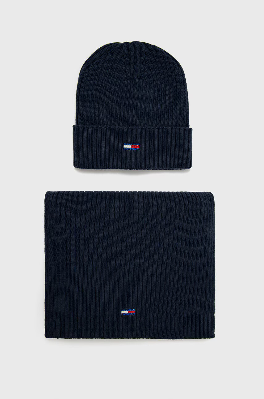 Tommy Jeans Памучни шапка и шал в тъмносиньо - Pepit.bg