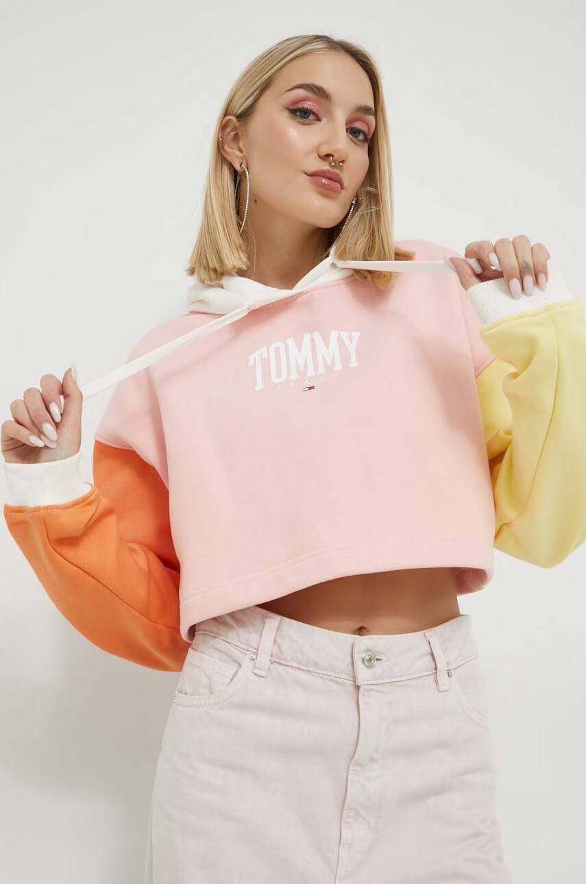Tommy Jeans Суичър в розово с качулка с принт - Pepit.bg