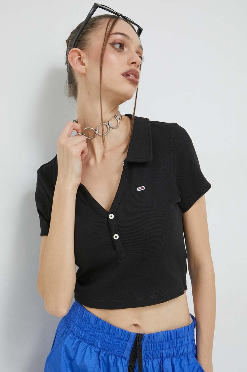 Tommy Jeans Тениска с яка в черно - Pepit.bg