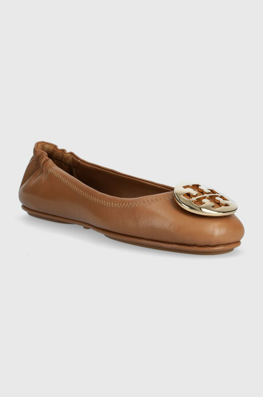 Tory Burch Кожени балеринки Minnie Travel Ballet в кафяво 50393 - Pepit.bg