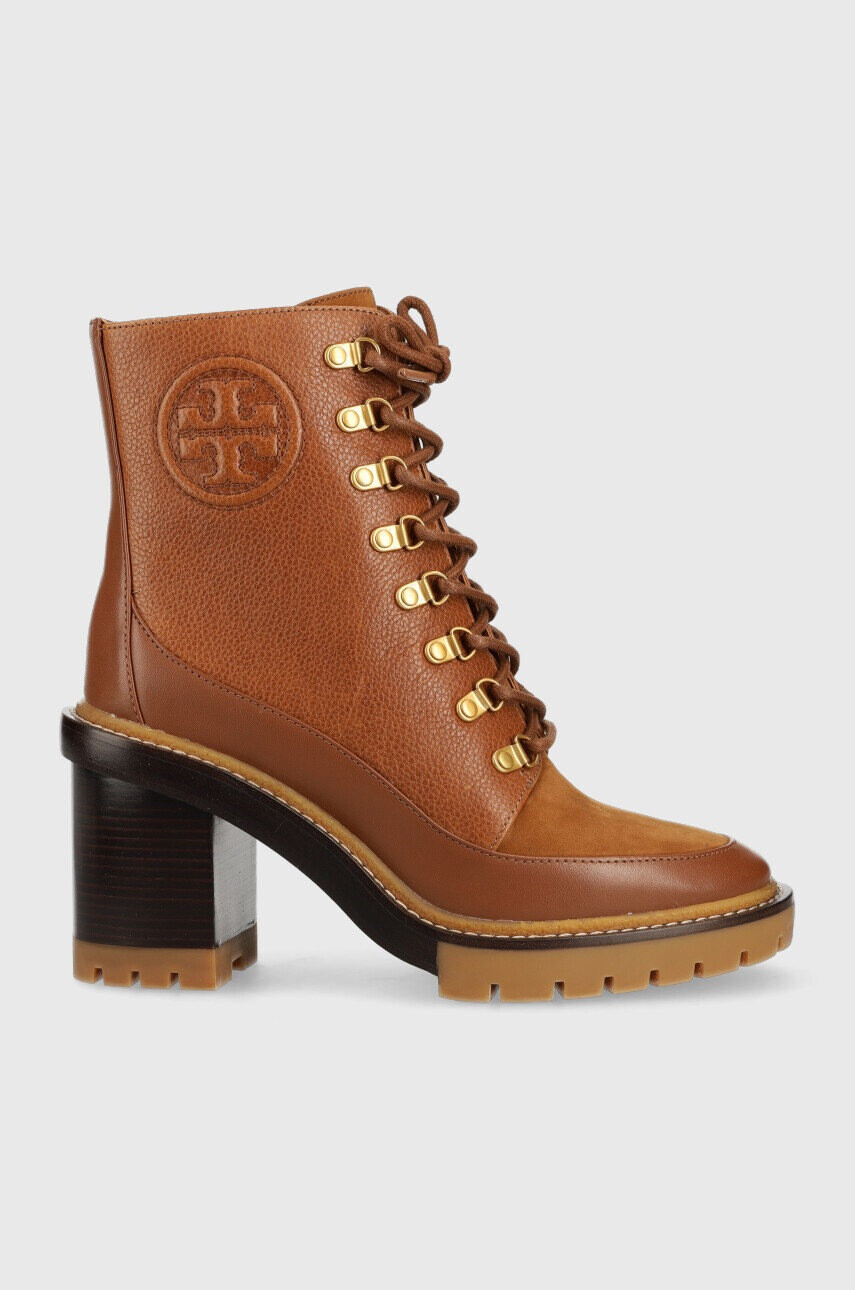 Tory Burch Кожени боти Miller в кафяво с висок ток - Pepit.bg