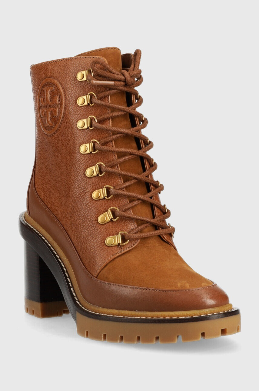 Tory Burch Кожени боти Miller в кафяво с висок ток - Pepit.bg
