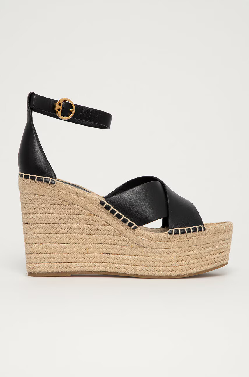 Tory Burch Кожени сандали в черно със скосена платформа - Pepit.bg