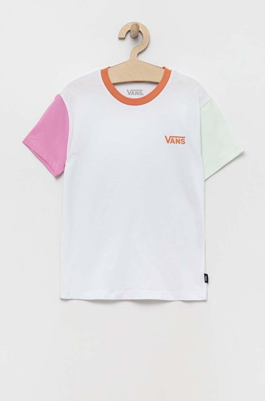 Vans Детска памучна тениска COLORBLOCK CREW WHITE MULTI в бяло с десен - Pepit.bg