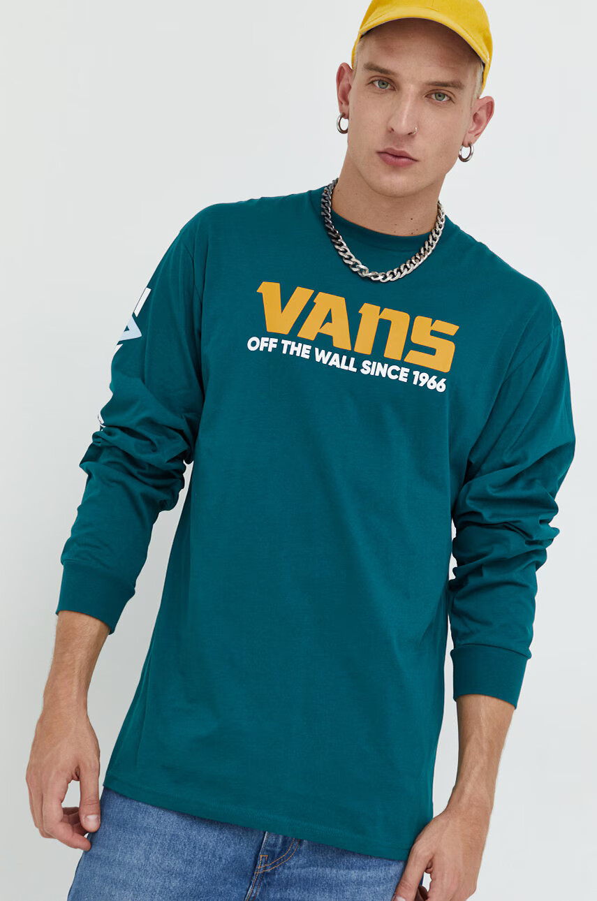 Vans Памучна блуза с дълги ръкави в зелено с принт - Pepit.bg