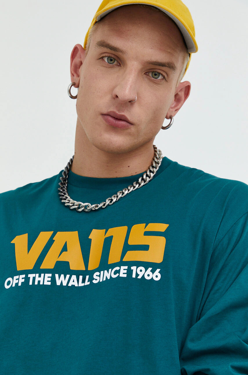 Vans Памучна блуза с дълги ръкави в зелено с принт - Pepit.bg
