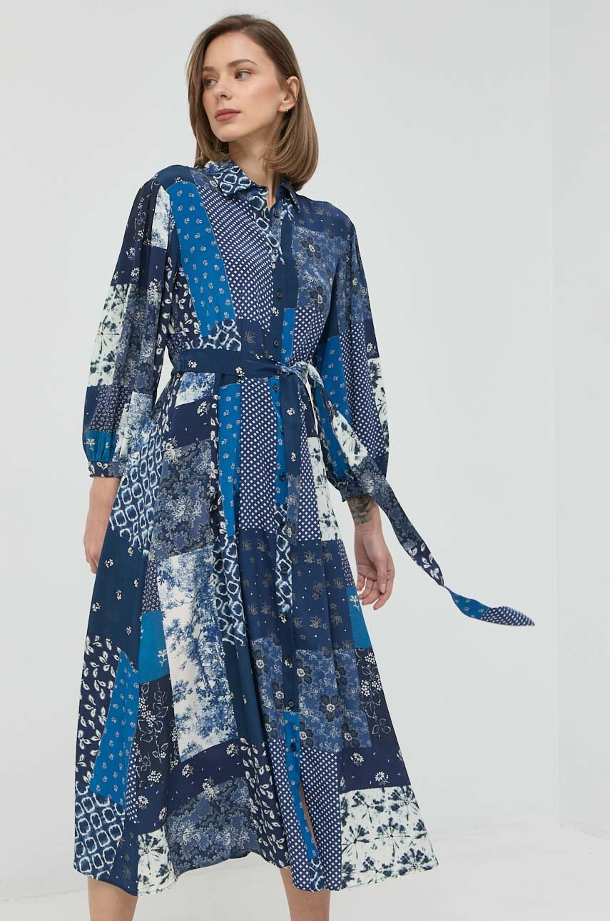 Weekend Max Mara Копринена рокля в тъмносиньо среднодълга разкроен модел - Pepit.bg