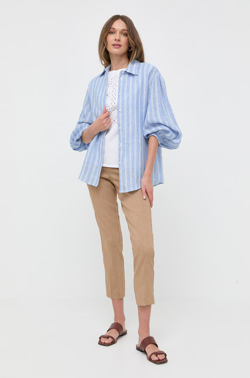 Weekend Max Mara Ленена риза в синьо със стандартна кройка с класическа яка - Pepit.bg