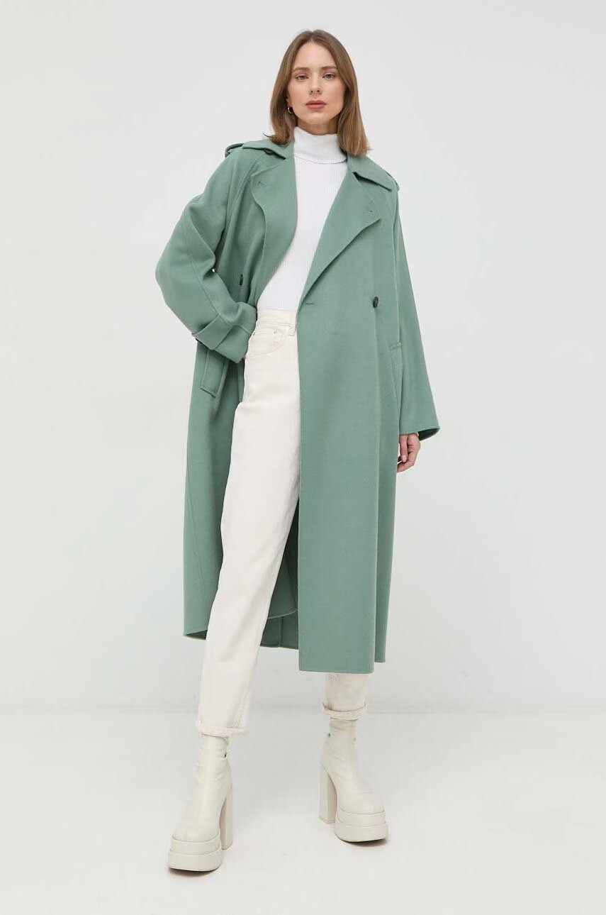 Weekend Max Mara Вълнено палто в зелено преходен модел с двуредно закопчаване - Pepit.bg