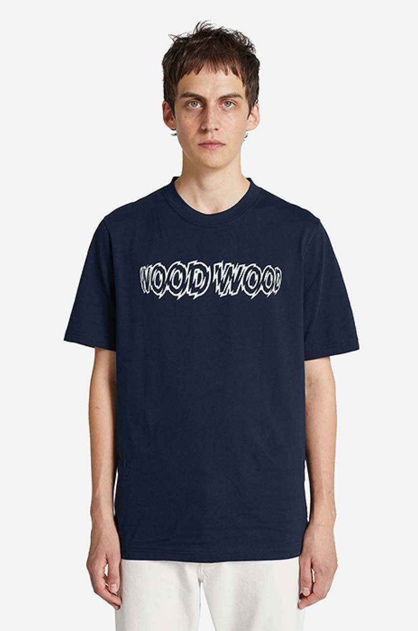 Wood Wood Памучна тениска Bobby Shatter Logo T-shirt в тъмносиньо с принт - Pepit.bg