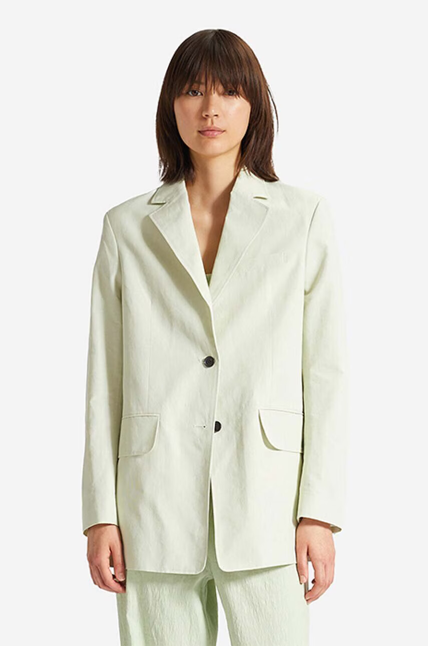 Wood Wood Сако с лен Madeleine Mini Stripe Blazer 12211201-5291 PASTEL GREEN в зелено с уголемена кройка с изчистен дизайн - Pepit.bg