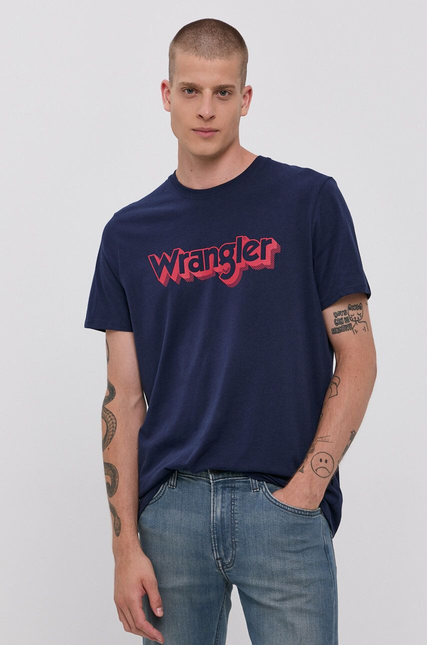 Wrangler Памучна тениска в тъмносиньо с принт - Pepit.bg