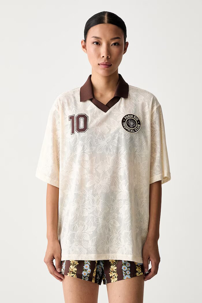 adidas тениска с яка дамска от ажур x Farm Rio бежова KR0239