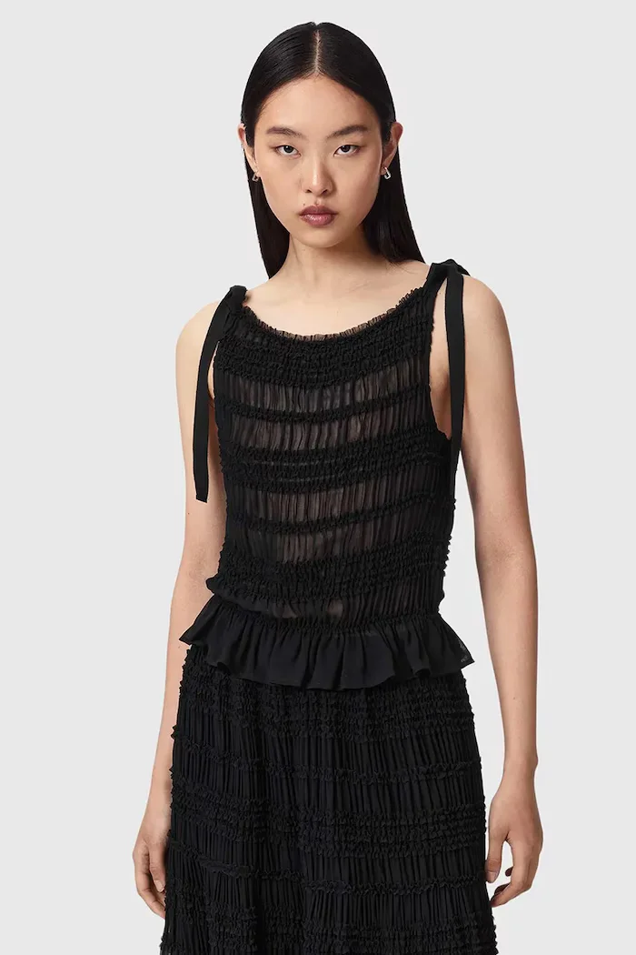 AllSaints блуза дамска от памук LOTUS черна W096PE