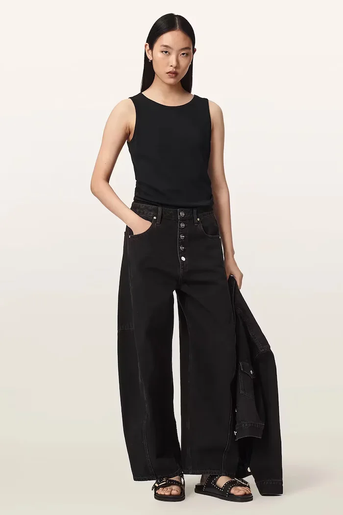 AllSaints дънки barrel дамски CARTER BUTTON JEAN кафяви W003EF