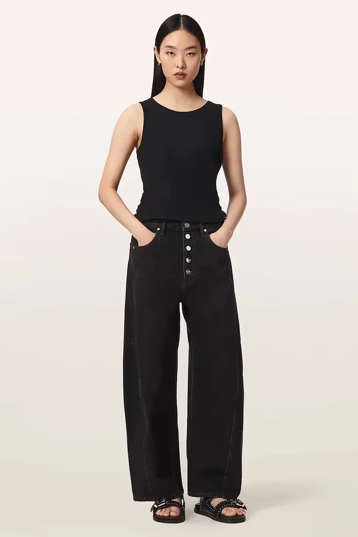 AllSaints дънки barrel дамски CARTER BUTTON JEAN кафяви W003EF
