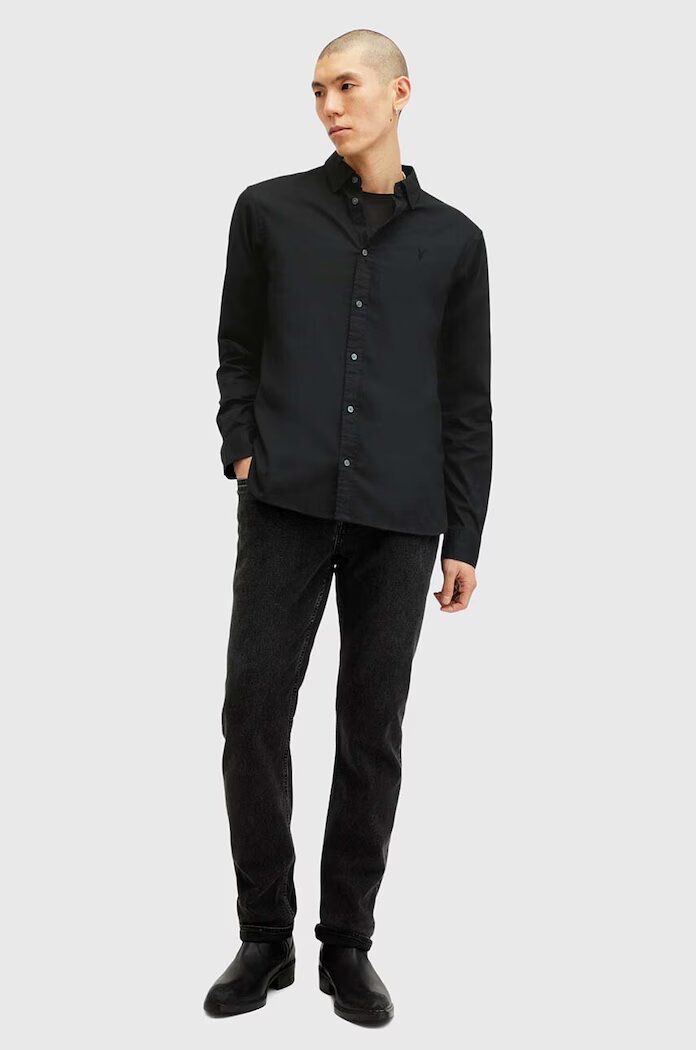 AllSaints Памучна риза HAWTHORNE LS SHIRT мъжка в черно с кройка по тялото с класическа яка M150SB