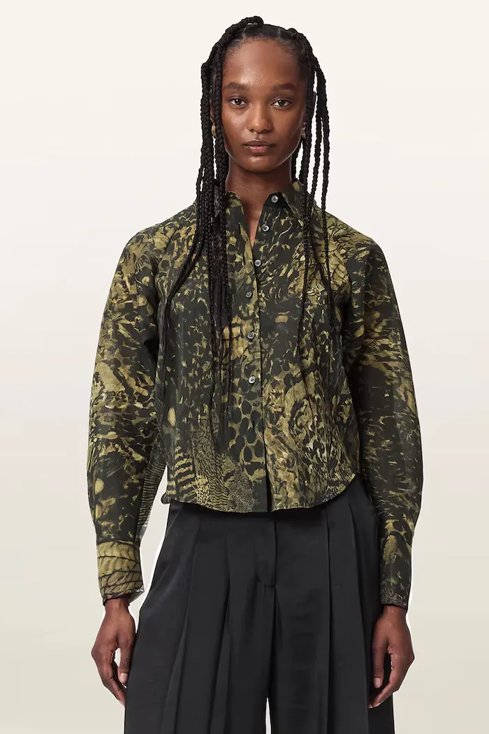 AllSaints риза дамска с лиосел CORY зелена с щампа W025PF