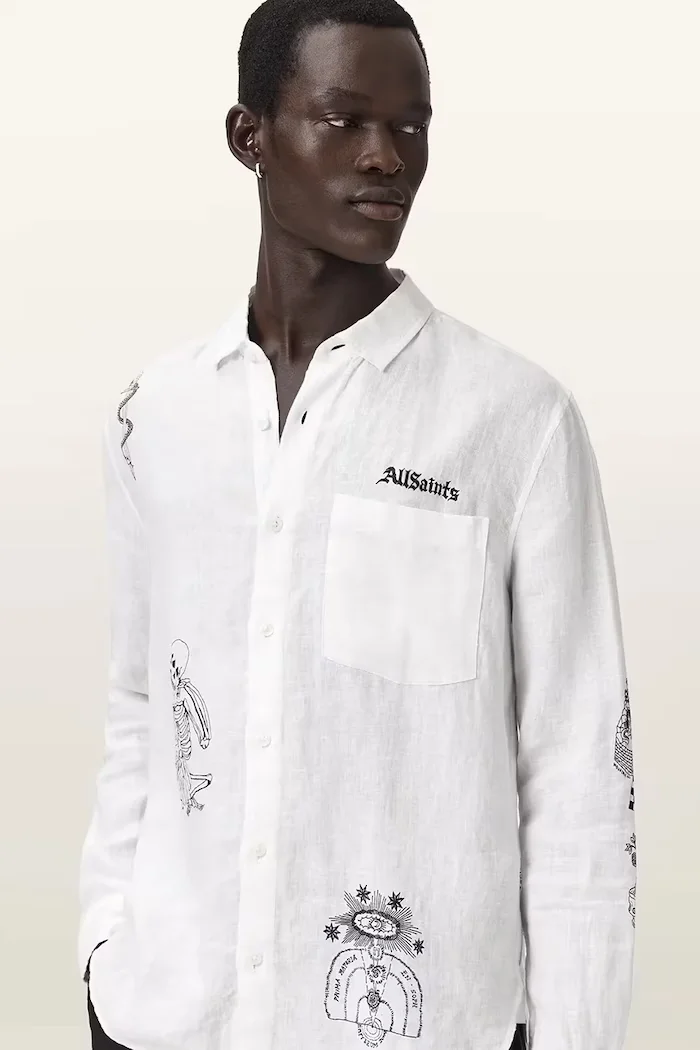 AllSaints риза мъжка от лен TERROR бяла M171SC