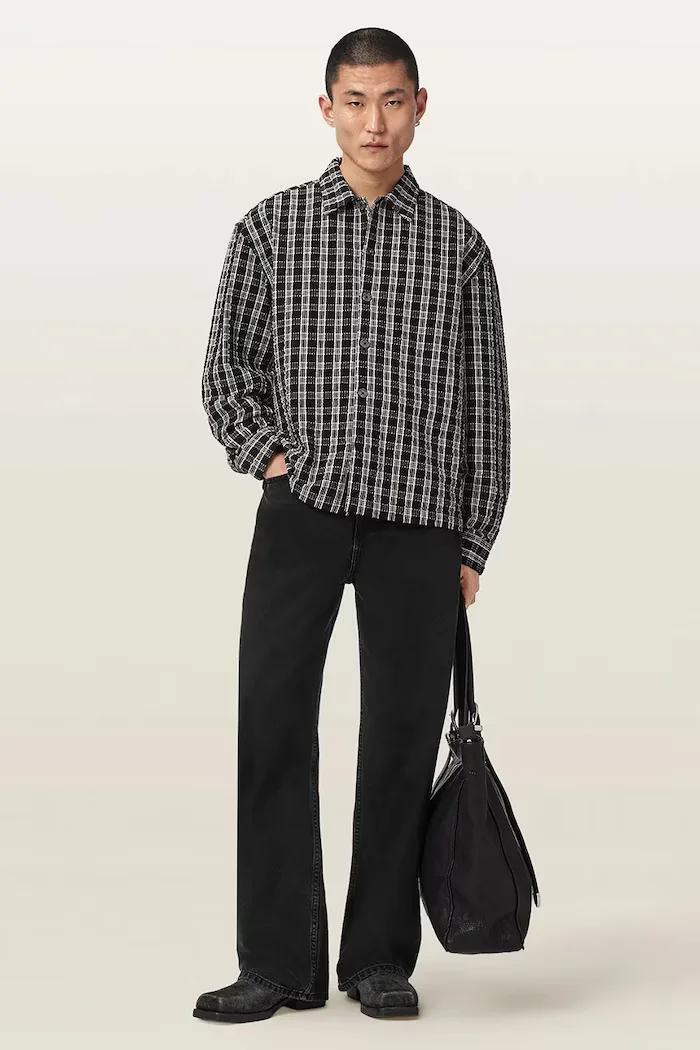 AllSaints риза мъжка от памук CASBAH черна на каре M009SF