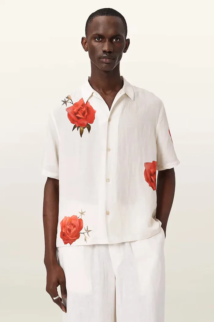 AllSaints риза мъжка с лен FLEUR бежова M108SE