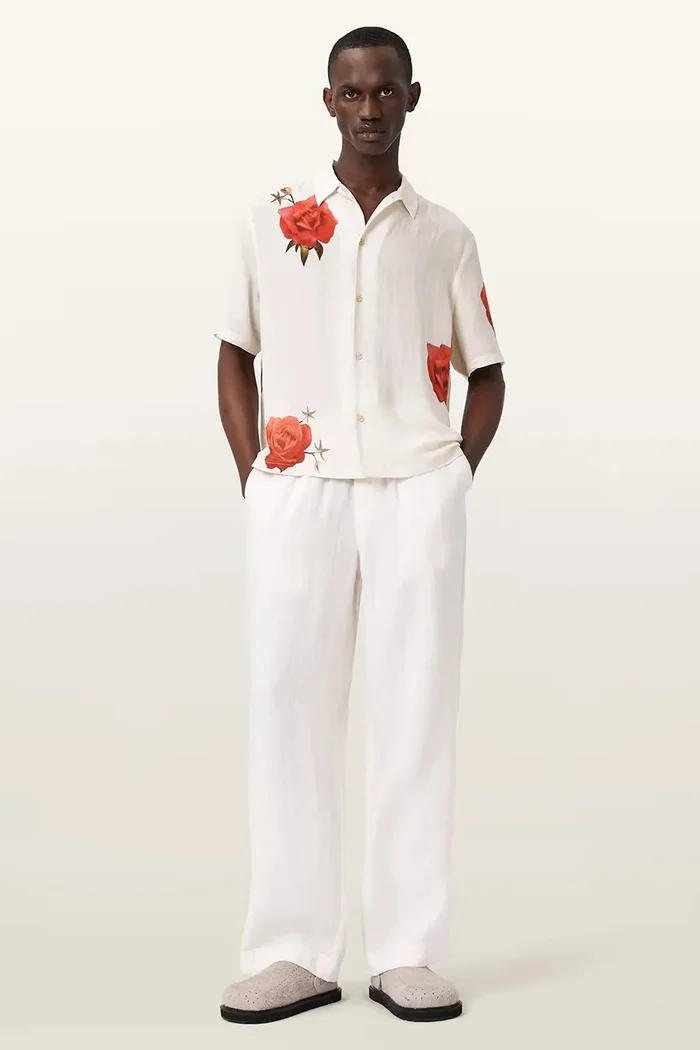 AllSaints риза мъжка с лен FLEUR бежова M108SE