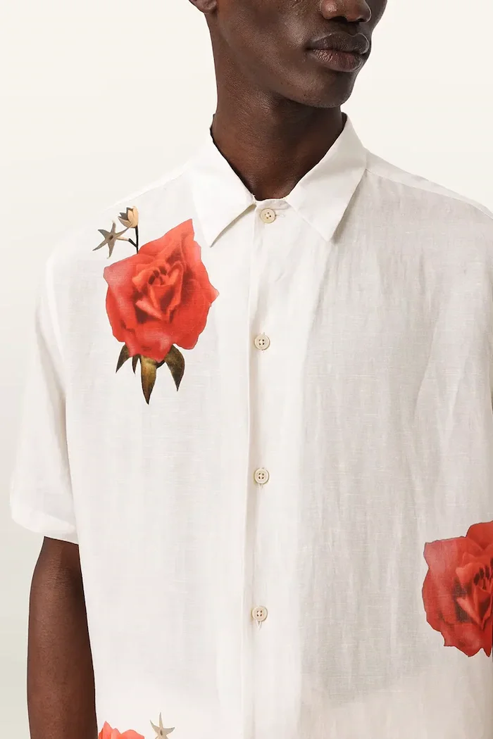 AllSaints риза мъжка с лен FLEUR бежова M108SE